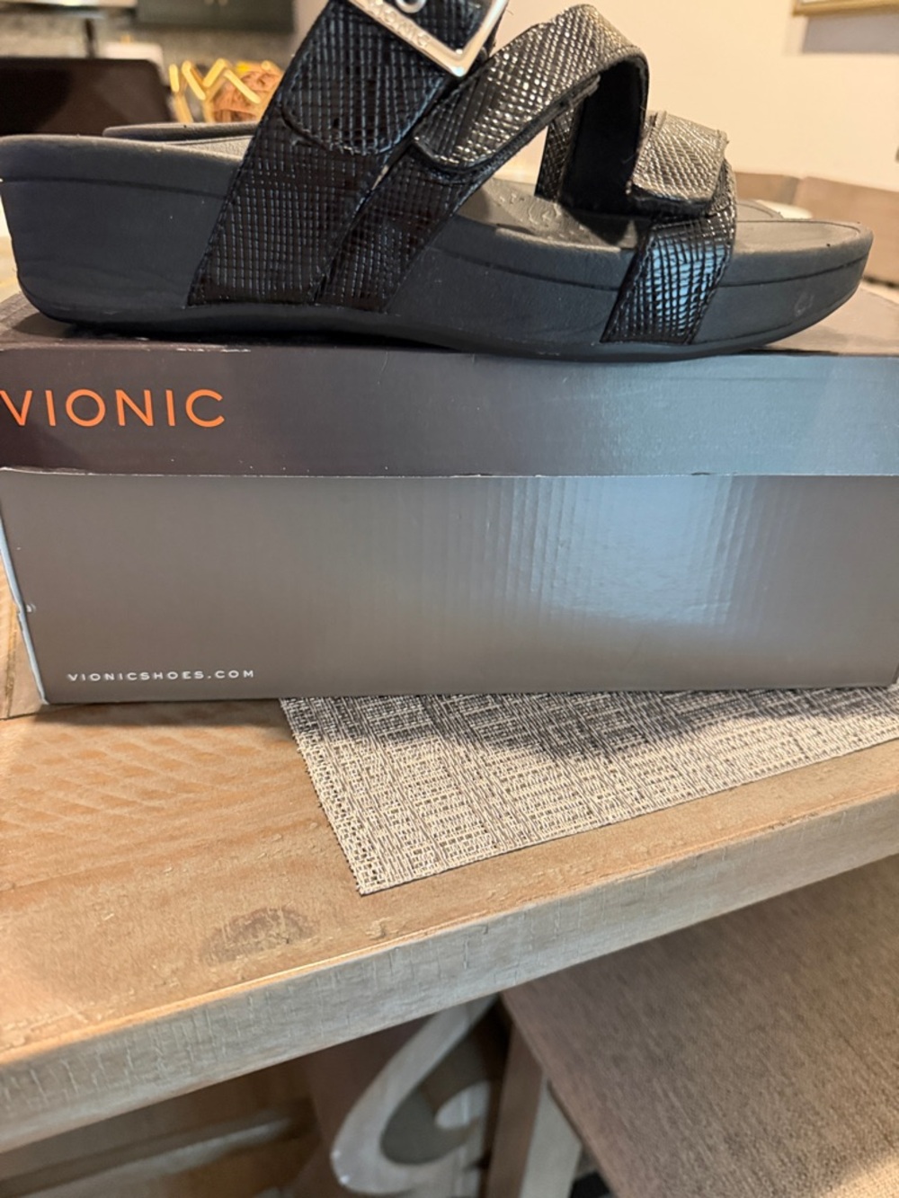 Vionic Black Textured Double-Strap Slide Sandals